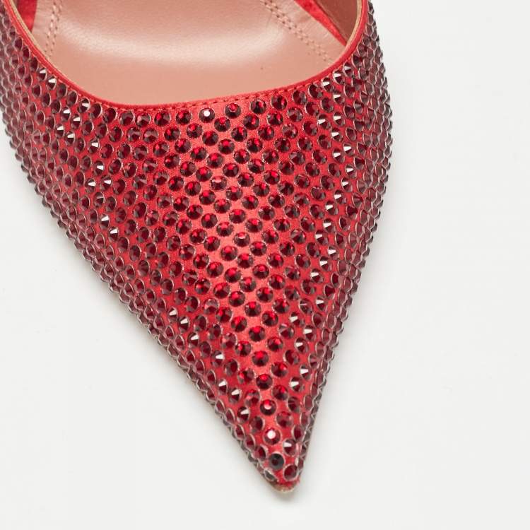 Pre Owned Amina Muaddi Red Satin Vittoria 105mm Crystal-Embellished Pumps Size 37