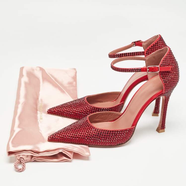 Pre Owned Amina Muaddi Red Satin Vittoria 105mm Crystal-Embellished Pumps Size 37