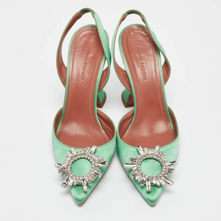 Pre Owned Amina Muaddi Green Satin Begum Slingback Pumps Size 36.5