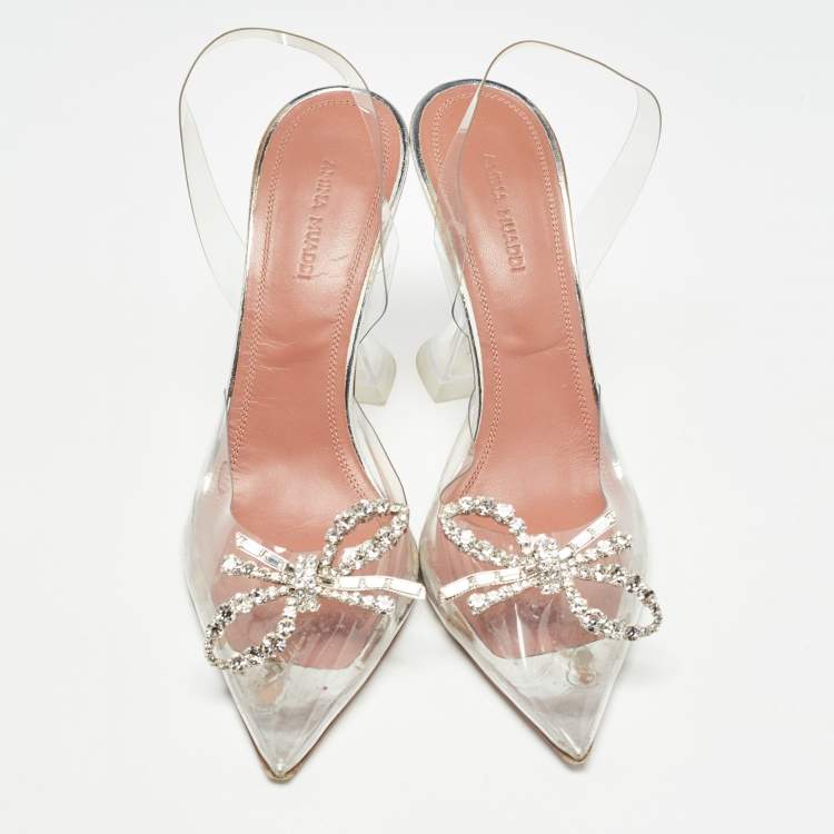 Pre Owned Amina Muaddi Silver PVC Rosie Crystal Embellished Pointed Toe Slingback Pumps Size 37.5