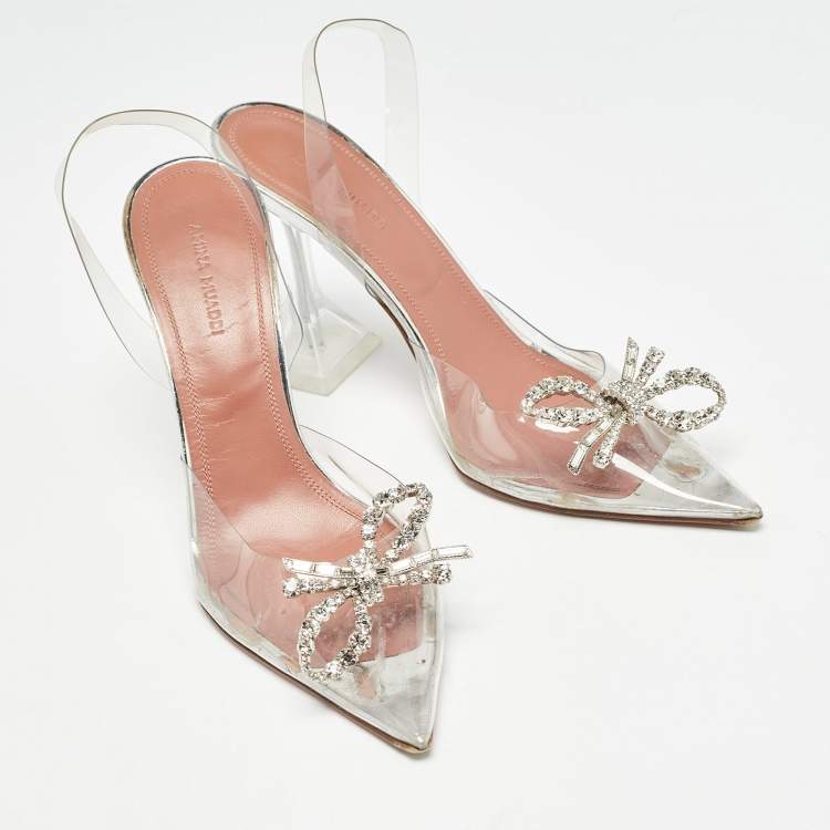 Pre Owned Amina Muaddi Silver PVC Rosie Crystal Embellished Pointed Toe Slingback Pumps Size 37.5