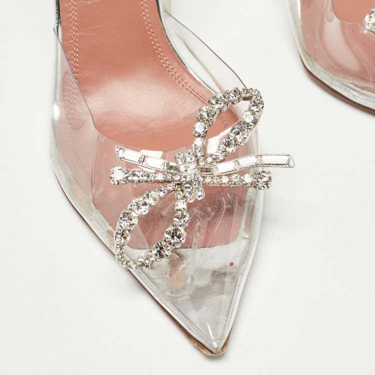 Pre Owned Amina Muaddi Silver PVC Rosie Crystal Embellished Pointed Toe Slingback Pumps Size 37.5