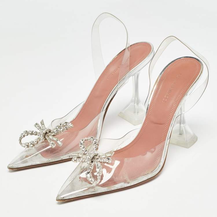 Pre Owned Amina Muaddi Silver PVC Rosie Crystal Embellished Pointed Toe Slingback Pumps Size 37.5