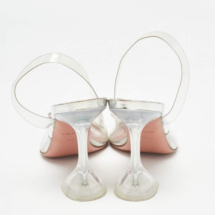 Pre Owned Amina Muaddi Silver PVC Rosie Crystal Embellished Pointed Toe Slingback Pumps Size 37.5