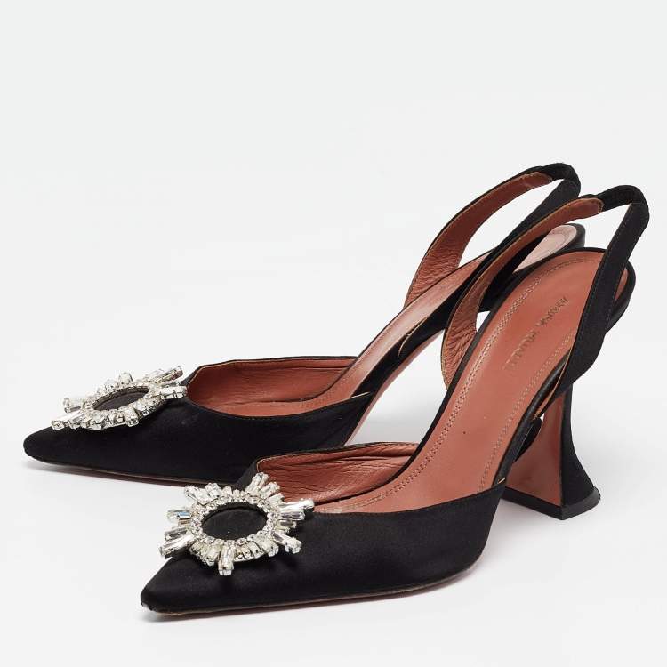 Pre Owned Amina Muaddi Black Satin Begum Pumps Size 39.5