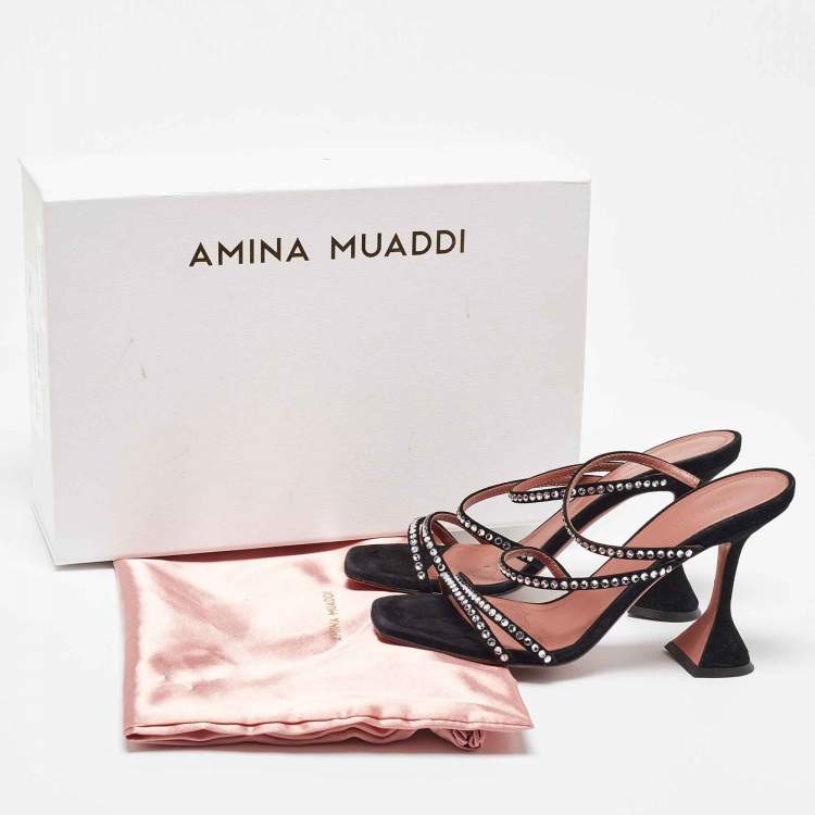 Pre Owned Amina Muaddi Black Suede Gilda Crystal Embellished Sandals Size 37