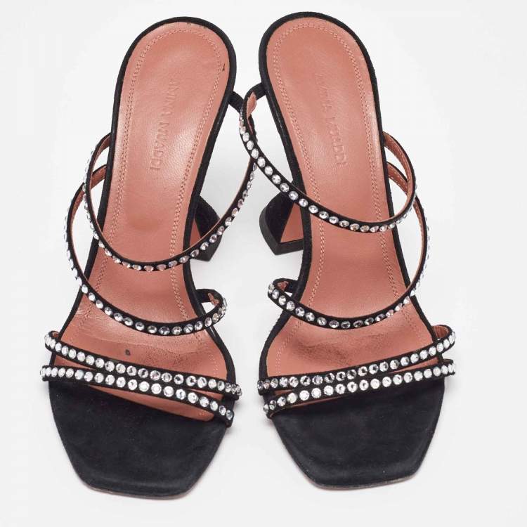 Pre Owned Amina Muaddi Black Suede Gilda Crystal Embellished Sandals Size 37