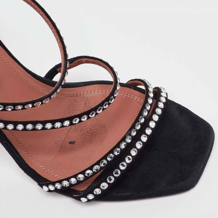 Pre Owned Amina Muaddi Black Suede Gilda Crystal Embellished Sandals Size 37
