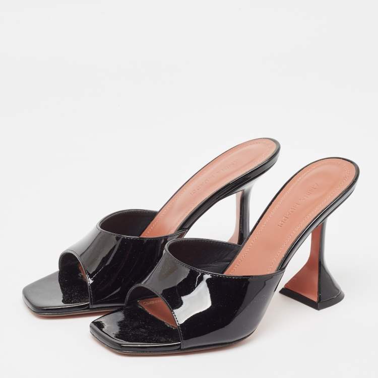 Pre Owned Amina Muaddi Black Patent Leather Lupita Slide Sandals Size 37.5