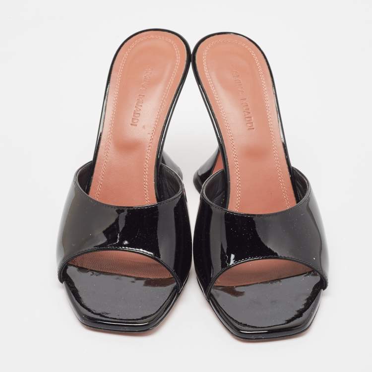 Pre Owned Amina Muaddi Black Patent Leather Lupita Slide Sandals Size 37.5