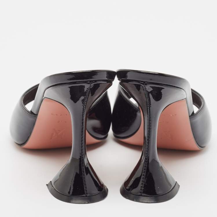 Pre Owned Amina Muaddi Black Patent Leather Lupita Slide Sandals Size 37.5
