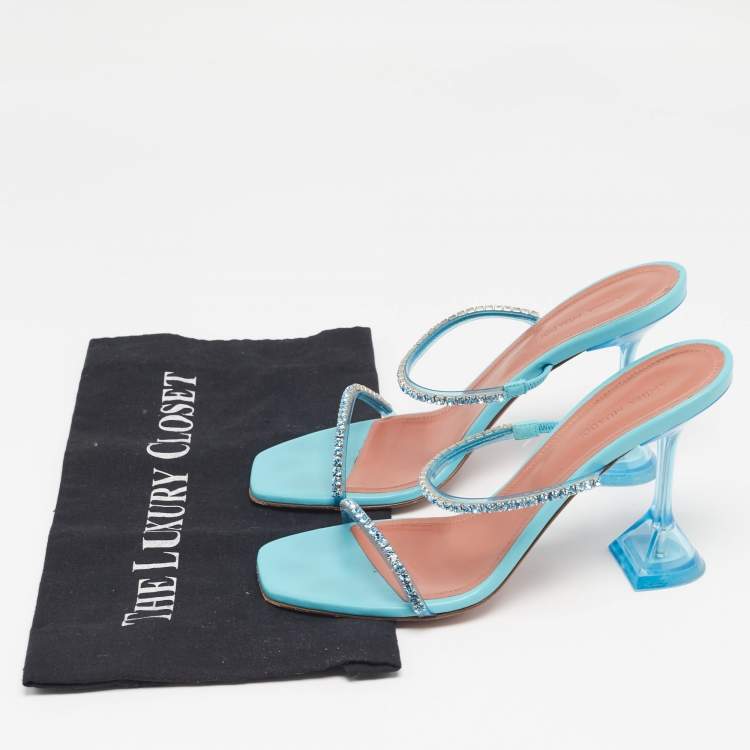 Pre Owned Amina Muaddi Blue Crystal Embellished PVC Gilda Sandals Size 38