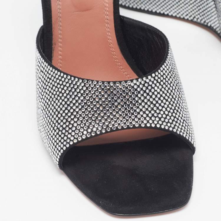 Pre Owned Amina Muaddi Black Crystals Suede Lupita Wedge Open Toe Sandals Size 40