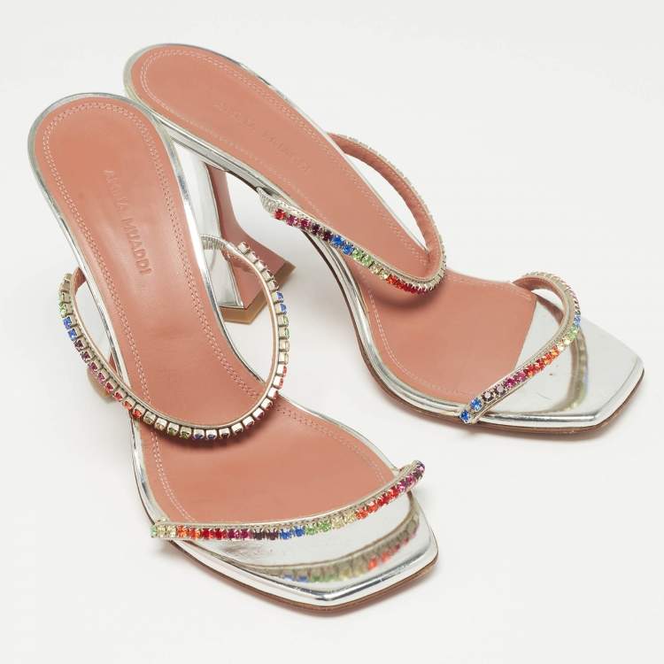 مملوكة مسبقًا Amina Muaddi Silver Leather Crystal Embellished Gilda Slide Sandals Size 39