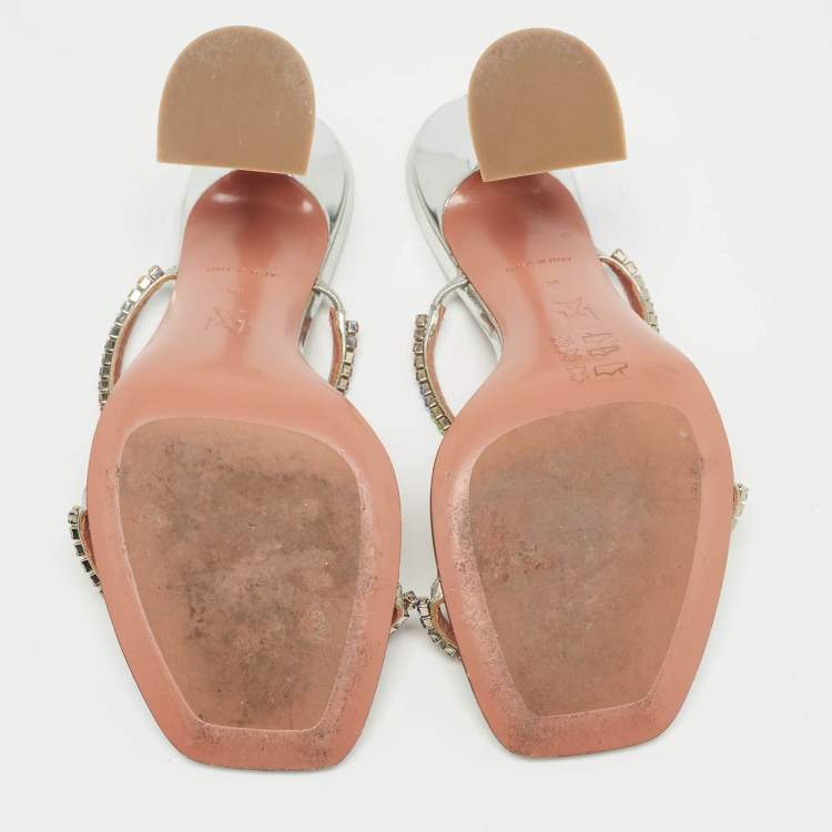 مملوكة مسبقًا Amina Muaddi Silver Leather Crystal Embellished Gilda Slide Sandals Size 39