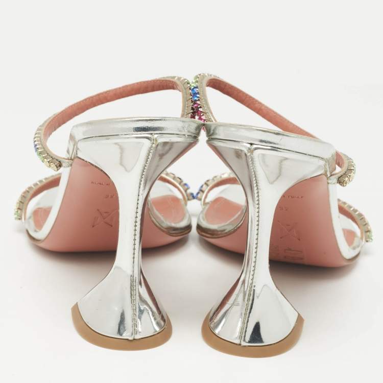 مملوكة مسبقًا Amina Muaddi Silver Leather Crystal Embellished Gilda Slide Sandals Size 39