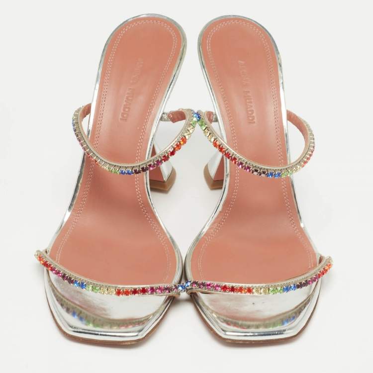 مملوكة مسبقًا Amina Muaddi Silver Leather Crystal Embellished Gilda Slide Sandals Size 39