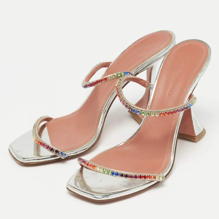 مملوكة مسبقًا Amina Muaddi Silver Leather Crystal Embellished Gilda Slide Sandals Size 39
