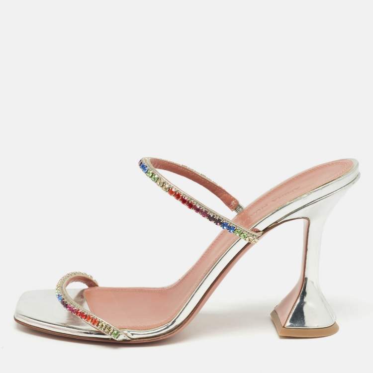 مملوكة مسبقًا Amina Muaddi Silver Leather Crystal Embellished Gilda Slide Sandals Size 39