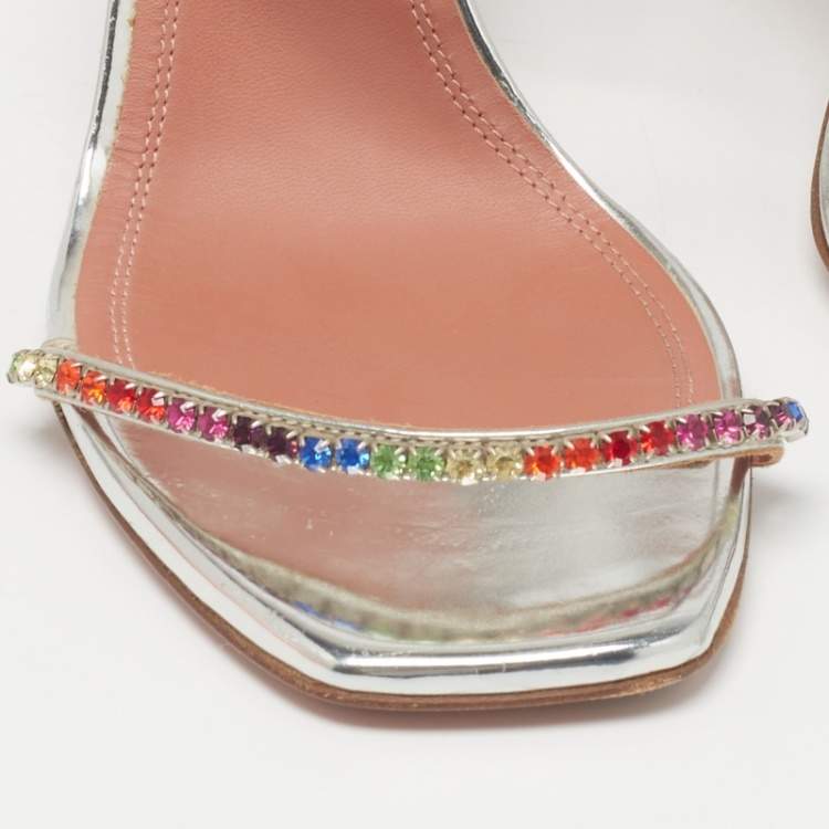مملوكة مسبقًا Amina Muaddi Silver Leather Crystal Embellished Gilda Slide Sandals Size 39