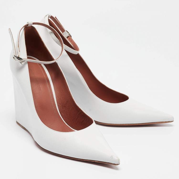Pre Owned Amina Muaddi White Leather Wedge Pumps Size 37