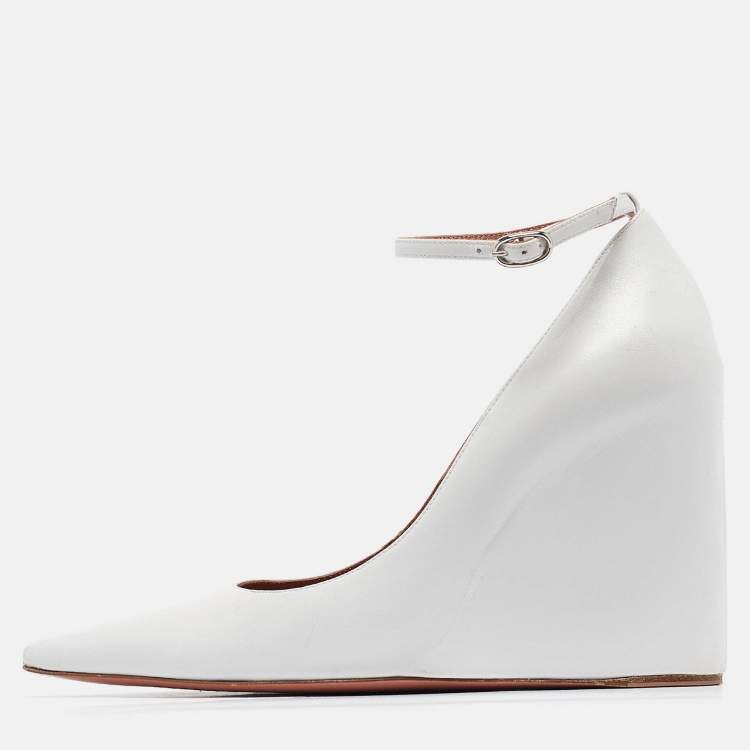Pre Owned Amina Muaddi White Leather Wedge Pumps Size 37