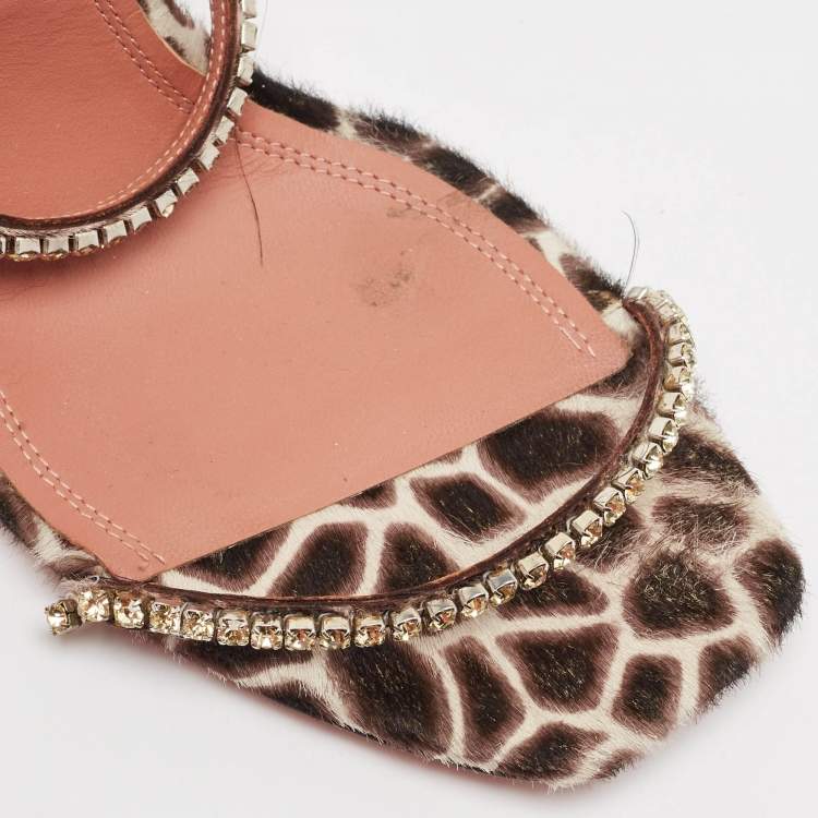 مملوكة مسبقًا Amina Muaddi Brown/Beige Animal Print Calf Hair Crystal Embellished Gilda Sandals Size 41