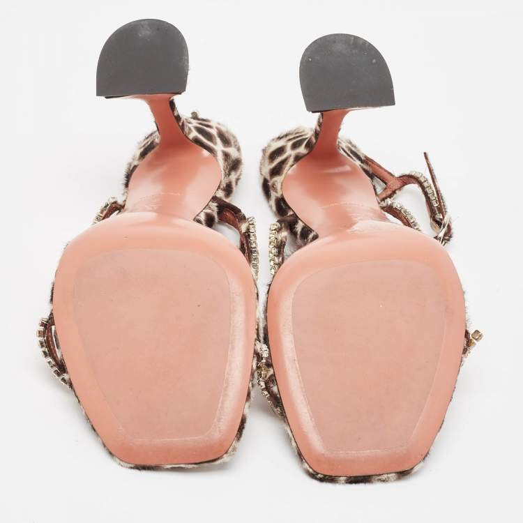 مملوكة مسبقًا Amina Muaddi Brown/Beige Animal Print Calf Hair Crystal Embellished Gilda Sandals Size 41