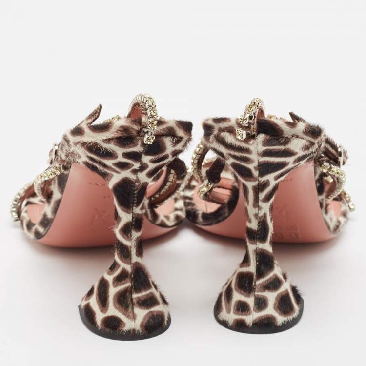 مملوكة مسبقًا Amina Muaddi Brown/Beige Animal Print Calf Hair Crystal Embellished Gilda Sandals Size 41