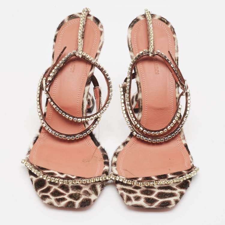 مملوكة مسبقًا Amina Muaddi Brown/Beige Animal Print Calf Hair Crystal Embellished Gilda Sandals Size 41