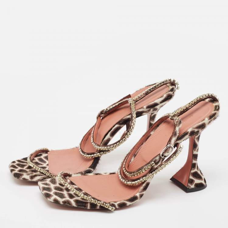 مملوكة مسبقًا Amina Muaddi Brown/Beige Animal Print Calf Hair Crystal Embellished Gilda Sandals Size 41