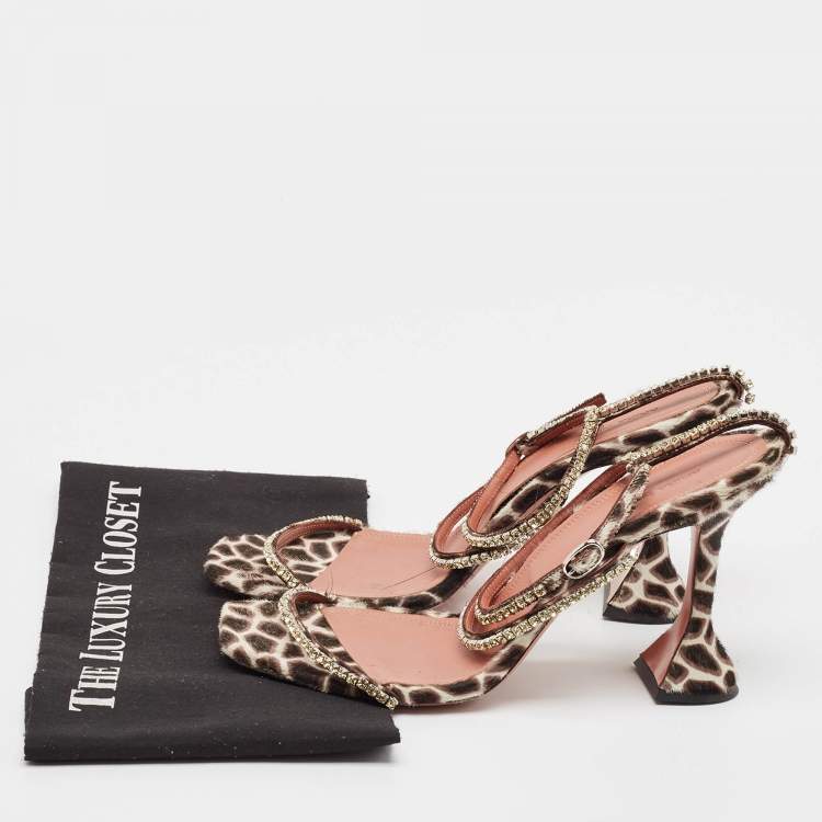 مملوكة مسبقًا Amina Muaddi Brown/Beige Animal Print Calf Hair Crystal Embellished Gilda Sandals Size 41