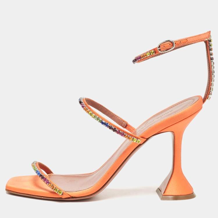 Pre Owned Amina Muaddi Orange Satin Gilda Ankle Strap Sandals Size 38