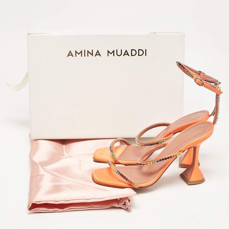 Pre Owned Amina Muaddi Orange Satin Gilda Ankle Strap Sandals Size 38