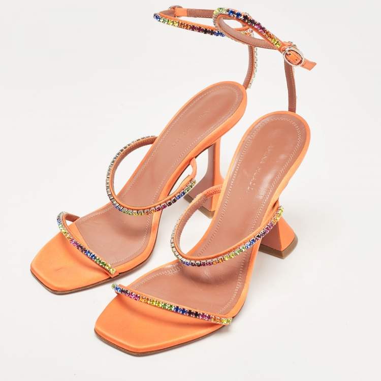 Pre Owned Amina Muaddi Orange Satin Gilda Ankle Strap Sandals Size 38
