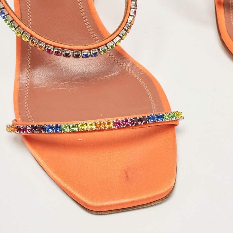 Pre Owned Amina Muaddi Orange Satin Gilda Ankle Strap Sandals Size 38