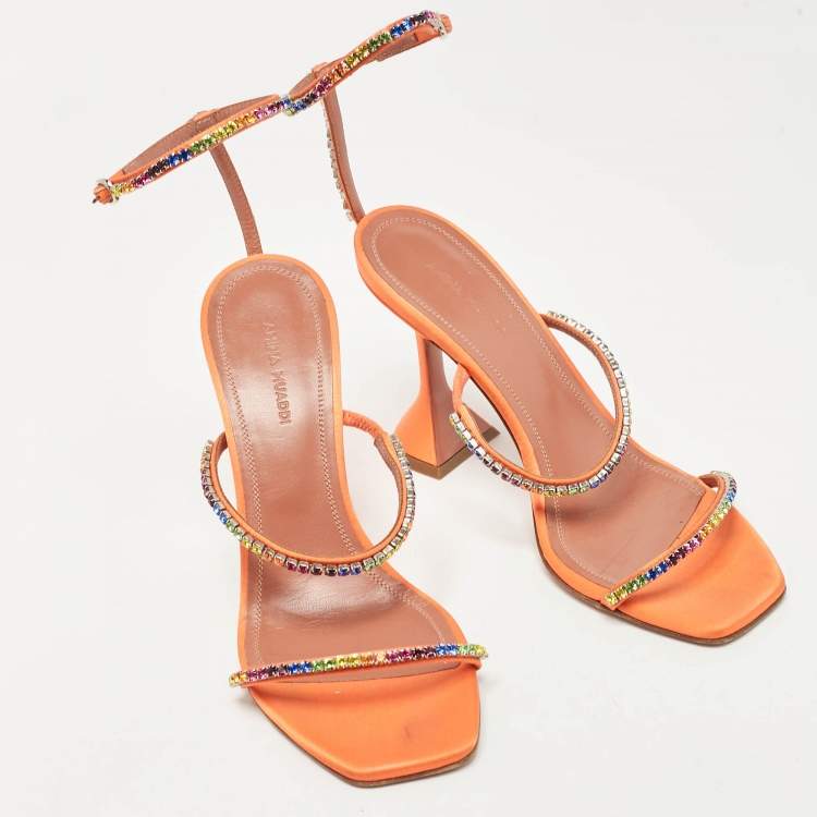 Pre Owned Amina Muaddi Orange Satin Gilda Ankle Strap Sandals Size 38