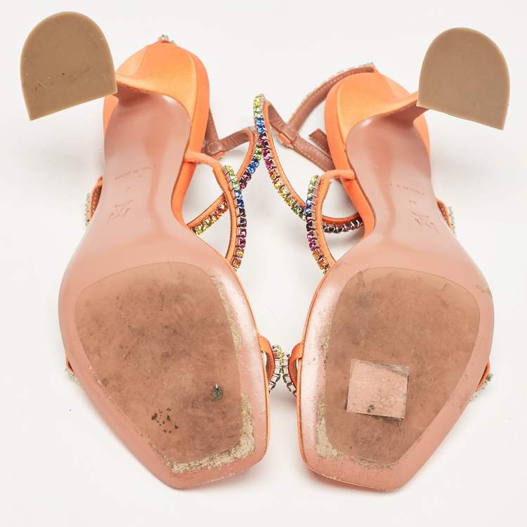 Pre Owned Amina Muaddi Orange Satin Gilda Ankle Strap Sandals Size 38