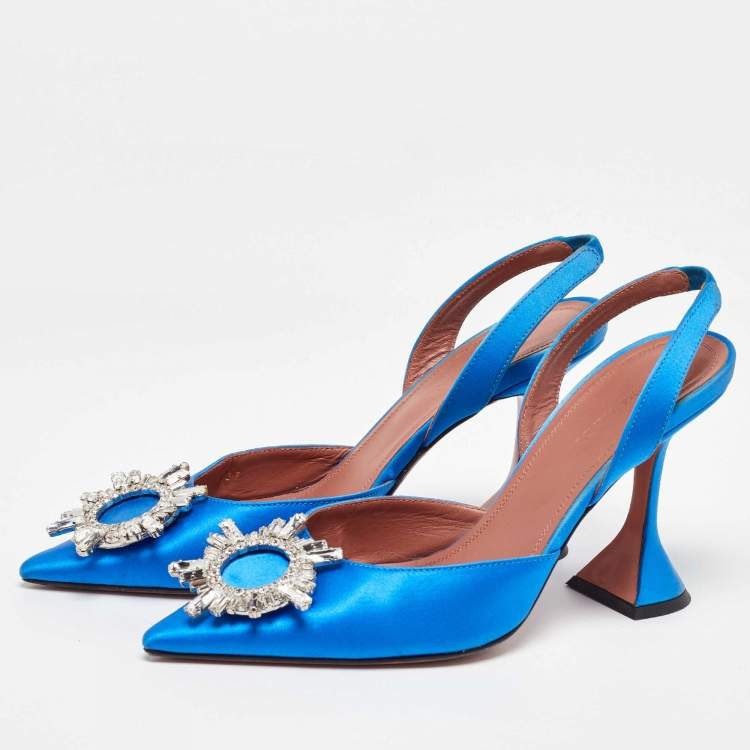 Pre Owned Amina Muaddi Blue Satin Begum Slingback Pumps Size 37