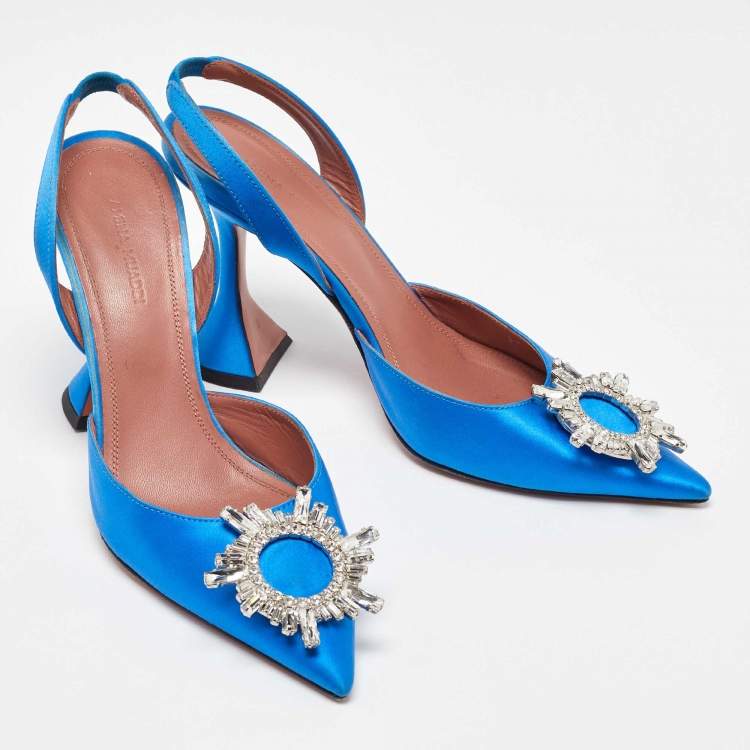 Pre Owned Amina Muaddi Blue Satin Begum Slingback Pumps Size 37