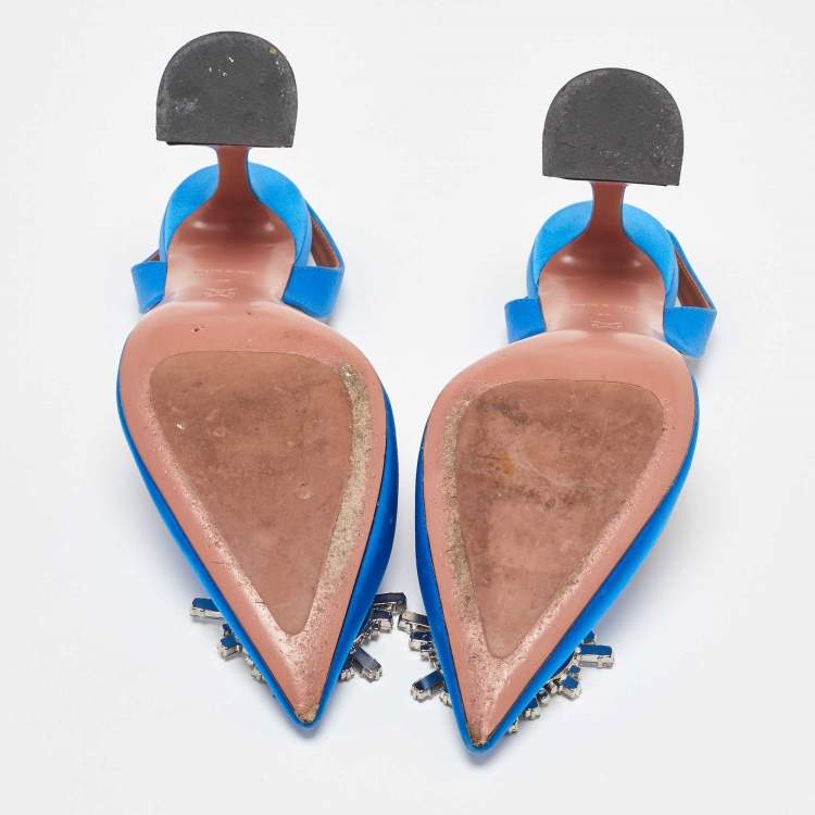Pre Owned Amina Muaddi Blue Satin Begum Slingback Pumps Size 37