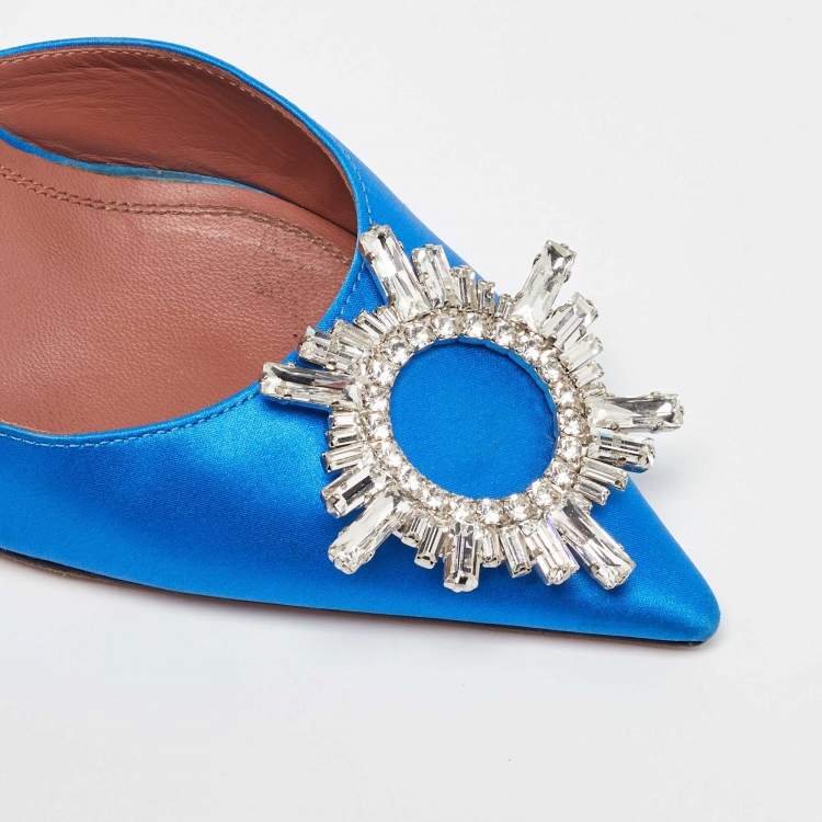 Pre Owned Amina Muaddi Blue Satin Begum Slingback Pumps Size 37