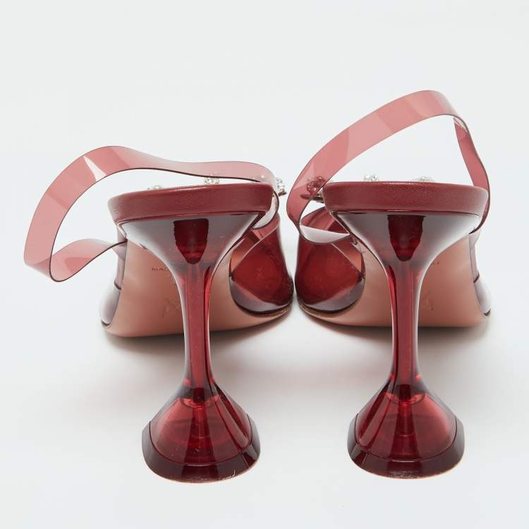 Pre Owned Amina Muaddi Red PVC Rosie Crystal Embellished Slingback Sandals Size 41