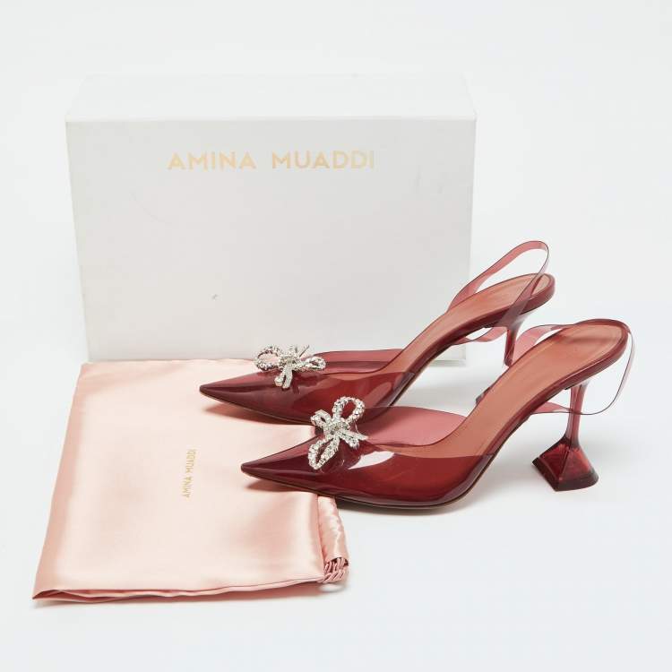 Pre Owned Amina Muaddi Red PVC Rosie Crystal Embellished Slingback Sandals Size 41