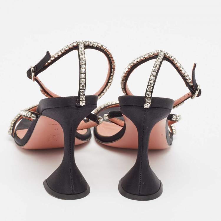 Pre Owned Amina Muaddi Black Crystal Embellished Satin Gilda Sandals Size 38