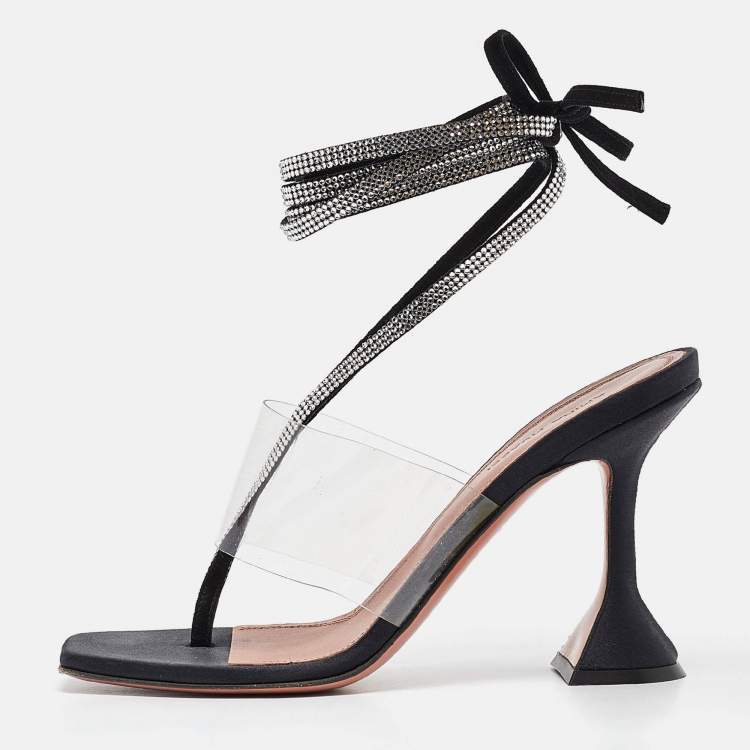 Pre Owned Amina Muaddi Black PVC and Satin Ankle Strap Sandals Size 37.5