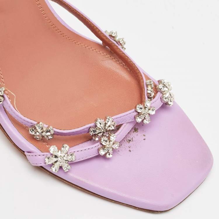 Pre Owned Amina Muaddi Purple Leather Crystal Embellished Slide Sandals Size 38