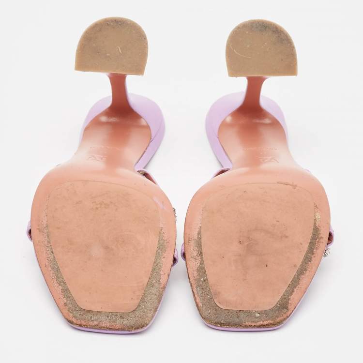 Pre Owned Amina Muaddi Purple Leather Crystal Embellished Slide Sandals Size 38