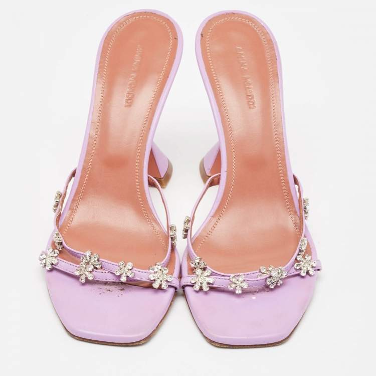 Pre Owned Amina Muaddi Purple Leather Crystal Embellished Slide Sandals Size 38