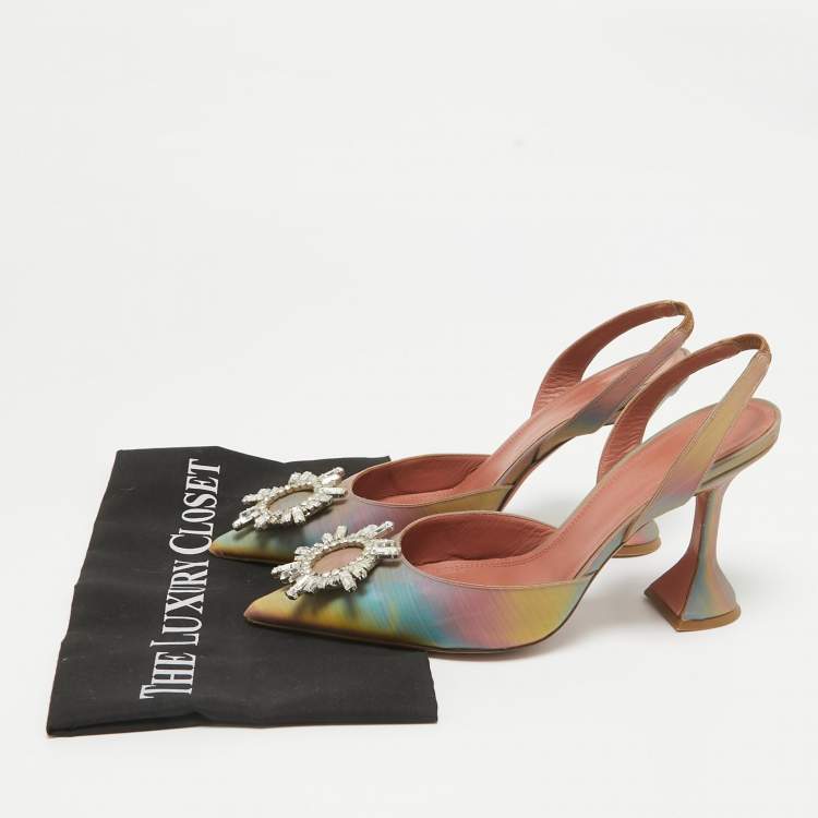 Pre Owned Amina Muaddi Multicolor Iridescent PVC Begum Slingback Pumps Size 38.5